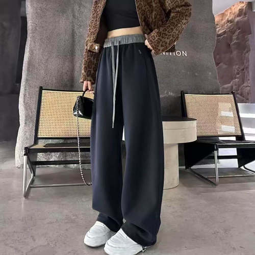 加绒加厚时尚撞色弯刀卫裤女新款宽松高腰加绒阔腿拖地裤 T货架东