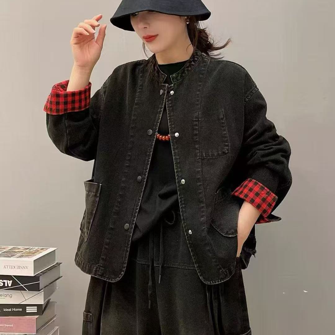 港风水洗做旧休闲宽松百搭牛仔上衣新款双口袋按扣外套H43