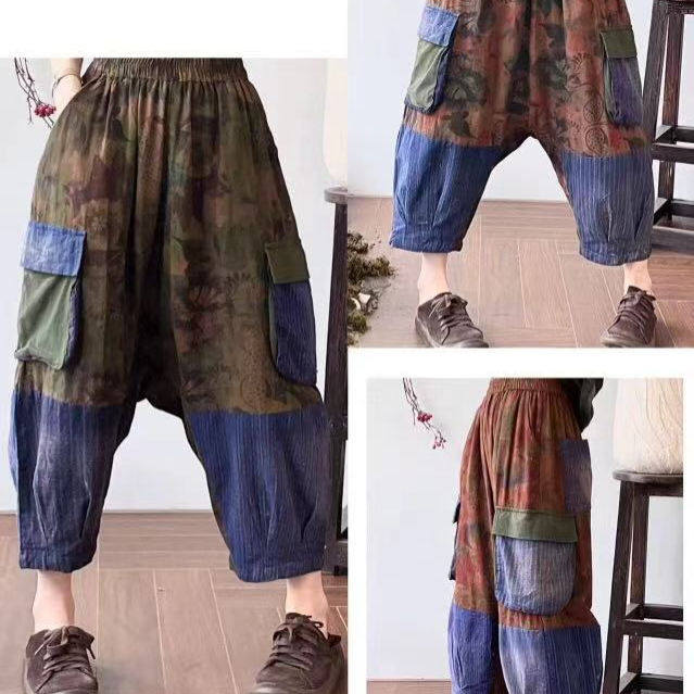 个性印花老布炒色拼接休闲裤文艺复古大版遮肉显瘦掉档哈伦裤H24,女装/女士精品,休闲裤,淘宝优惠券,粉丝福利购,淘宝优惠卷
