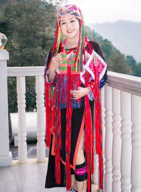 广西花头瑶族服装女黑色手工制作传统改良版长衣服修身款嫁衣套装