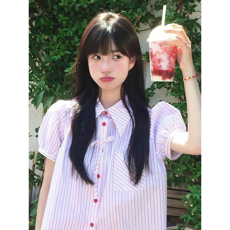 学院风条纹短袖衬衫女2025新款