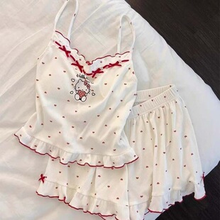 家居服套装 一整套 HelloKitty蝴蝶结花边吊带睡衣女学生背心短裤