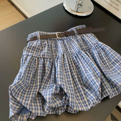 高级感蓝色格子花苞遮肉a字短裙