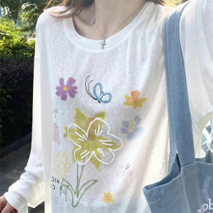 慵懒风花朵印花长袖t恤女美式宽松温柔风微透圆领防晒罩衫上衣潮