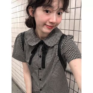 设计感小众别致甜辣上衣 日系复古格纹飘带翻领短袖 衬衫 女夏季 新款
