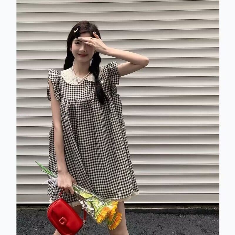 学院风娃娃领连衣裙女夏季学生飞飞袖格子甜美宽松少女短裙小个子