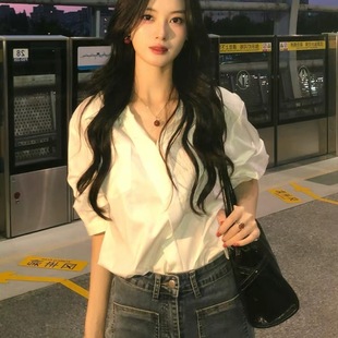 女高级感轻奢减龄洋气夏季 白色亚麻防晒衬衫 松弛感polo领休闲上衣