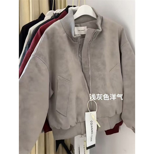 立领宽松飞行员棒球服 扎染皮衣夹棉外套女秋冬季 美式 复古夹克短款