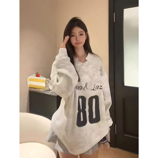 休闲宽松运动风上衣 卫衣女秋冬新款 美式 高街扎染V领数字印花长袖