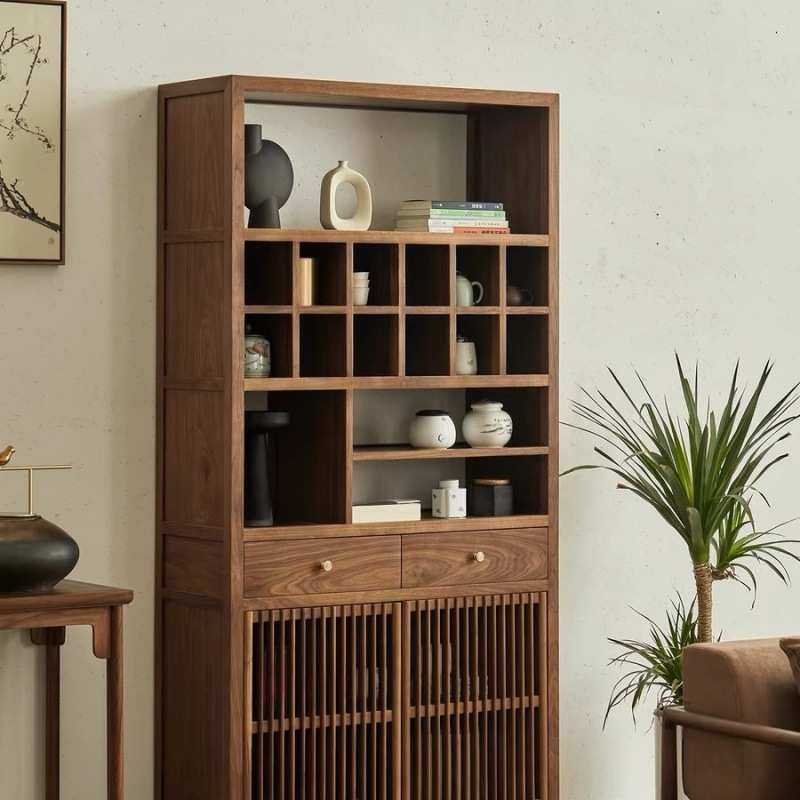 中式实木榆木博古架黑胡桃置物架展示柜禅意书架多宝阁茶室书柜