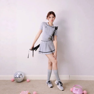 miu系学院风韩国针织套装女夏季娃娃领上衣高腰a字百褶短裙两件套