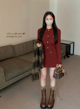 红色穿搭新年战袍小个子香风名媛千金毛衣套装裙纯欲绝美辣妹洋气