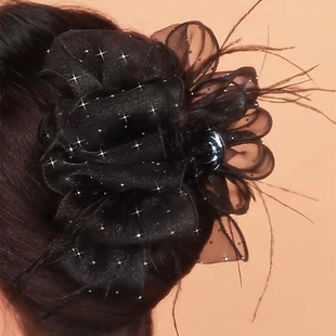 网纱羽毛蝴蝶结抓夹蓬松显发量头花后脑勺盘发大号鲨鱼夹发卡头饰