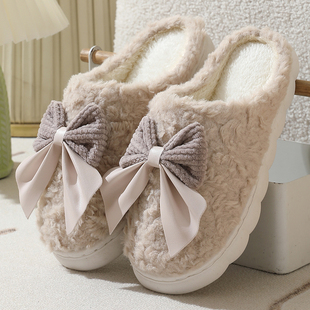 棉拖鞋女秋冬季可爱蝴蝶结厚底保暖居家居室内防滑家用毛绒月子鞋