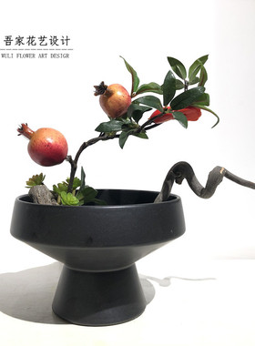 新中式红色石榴花艺摆件  样板房餐桌博古架洽谈桌仿真盆景软装饰