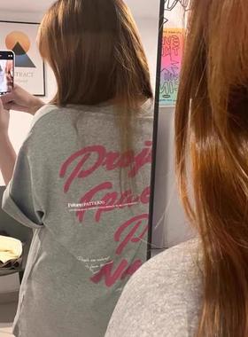 100%纯棉美式复古字母灰色短袖T恤女宽松ins国潮小众设计上衣潮牌