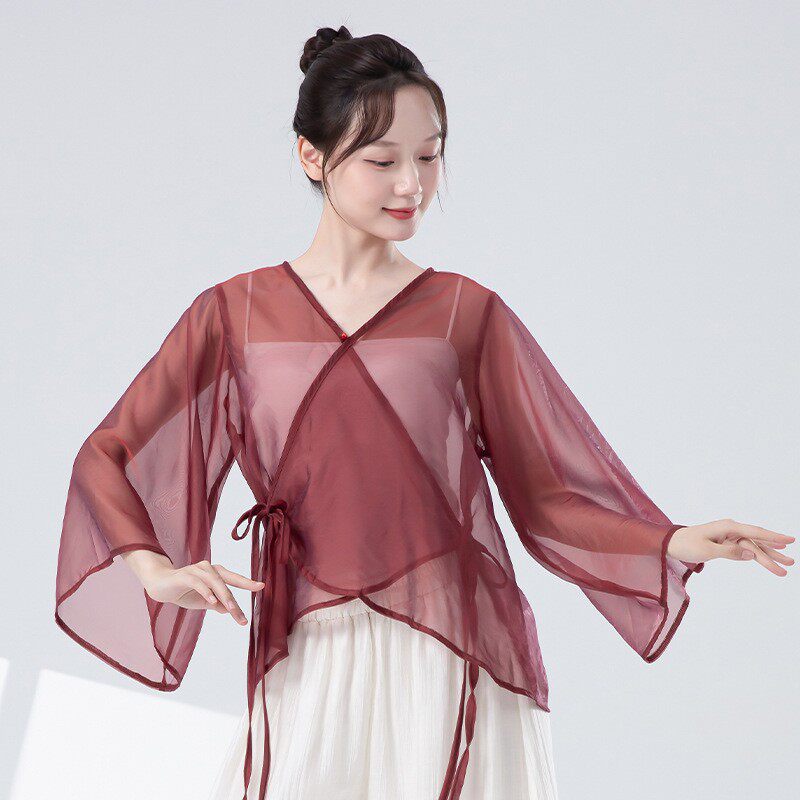 汉服宽袖前交叉v领系带开衫上衣