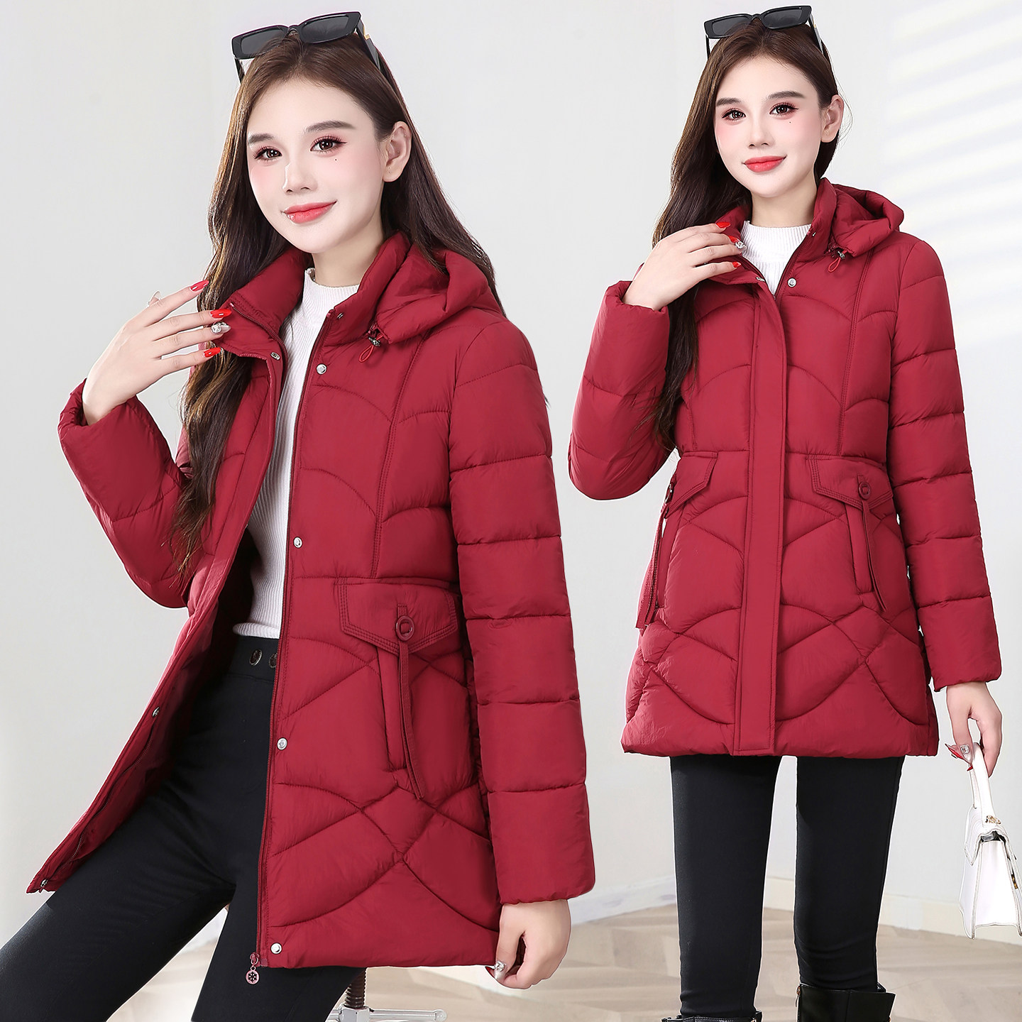 红色中长款羽绒棉服女2026冬季新款中年妈妈加厚防寒保暖棉袄外套