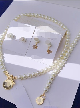 劳家欧美logo轻奢小众质感玻璃仿珍珠短款锁骨链饰品女生耳夹项链