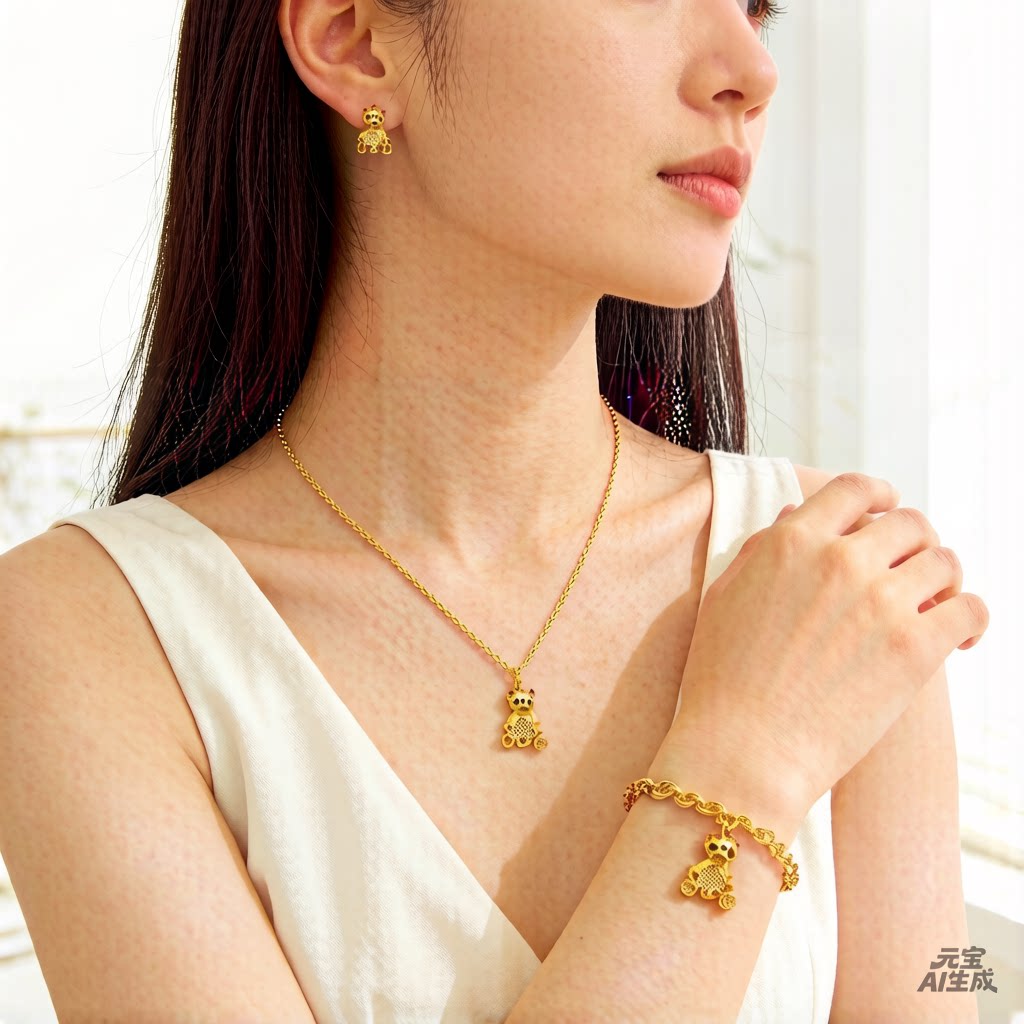 欧美余量小熊吊坠项链耳钉手链三件套可爱甜美气质套装女