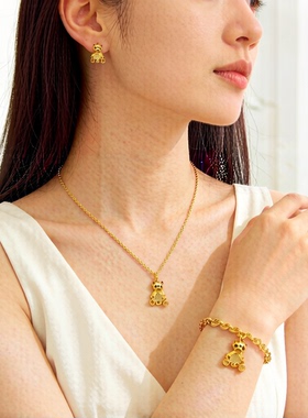 欧美余量小熊吊坠项链耳钉手链三件套可爱甜美气质套装女