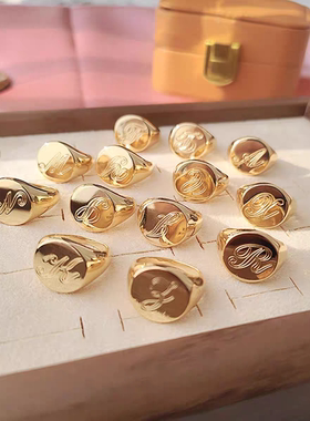 欧美风格余量HBJTOEDIWP英文字母铜镀真金指环戒指女