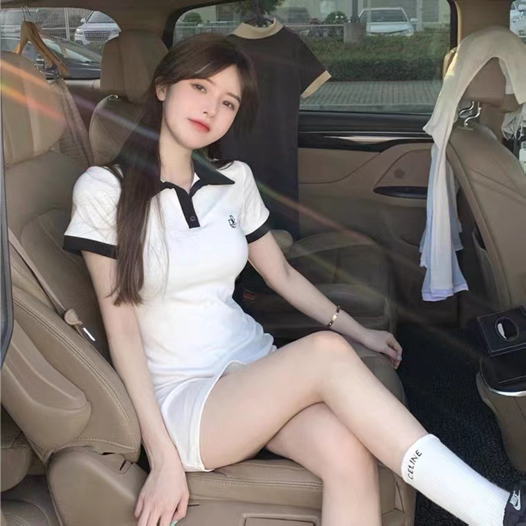 拼接polo领连衣裙女夏纯欲辣妹白色修身包臀显瘦休闲短款t恤裙