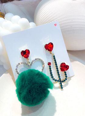 新款秋冬毛球耳环洋气复古墨绿色仙人掌不对称红爱心耳坠女88887