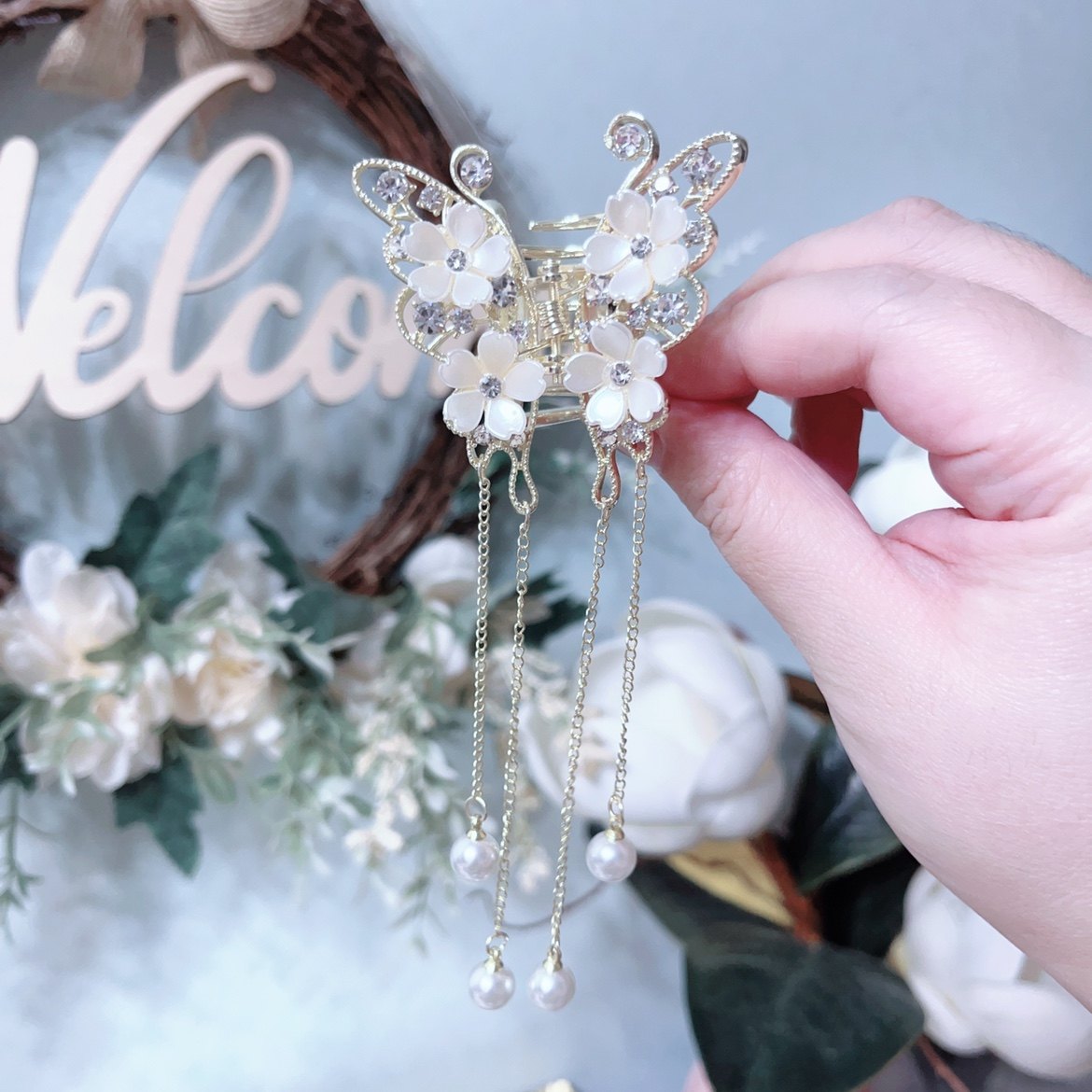 爆款重工蝴蝶结米珠半抓中号抓夹发夹百搭日韩发抓超仙气质女A197