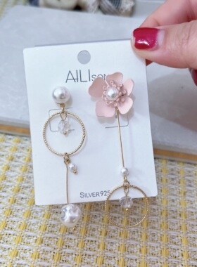 超仙粉色仿珍珠AB款花朵耳环女长款气质个性时尚韩国潮流耳钉A134