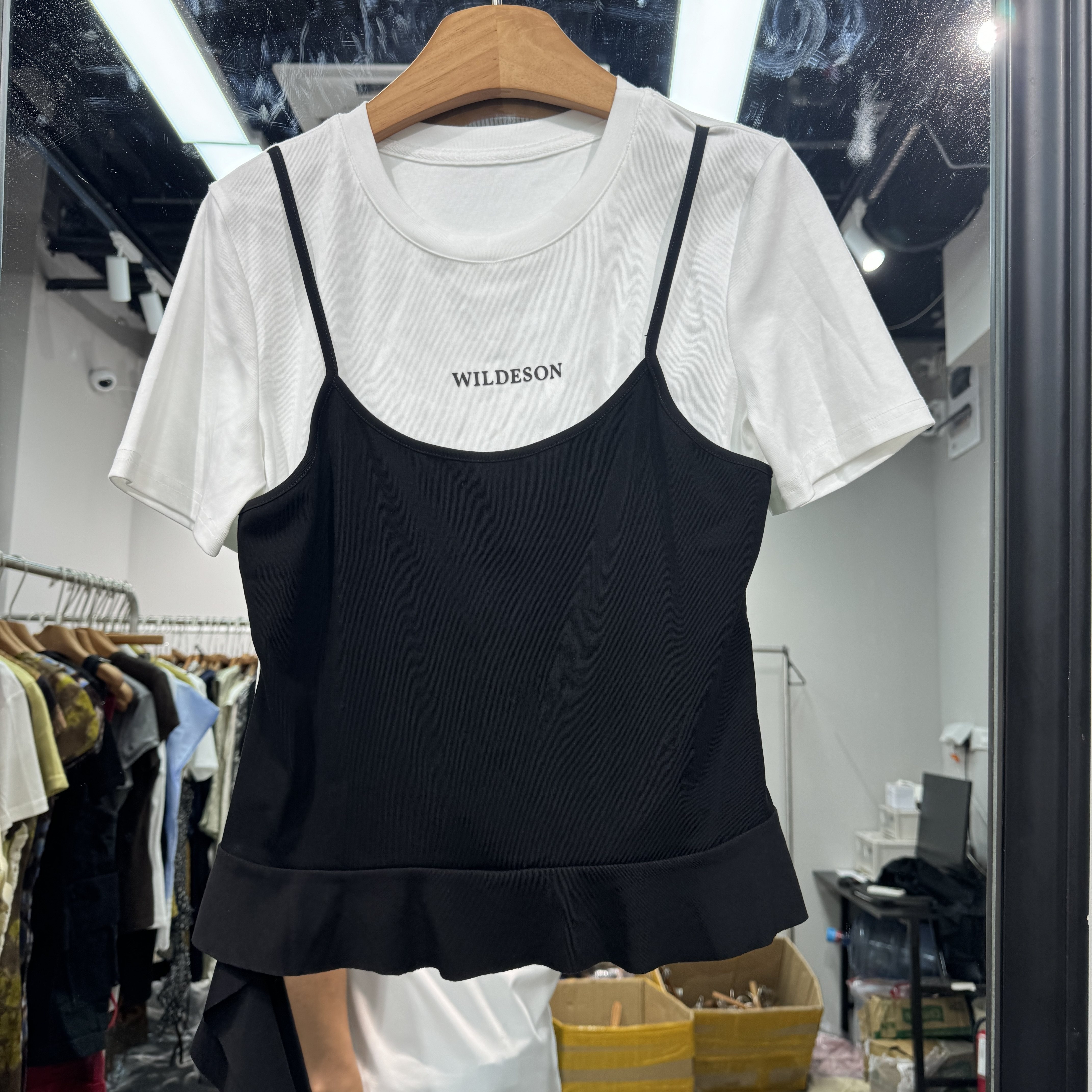 欧洲站2026夏款新款圆领撞色印花显瘦假两件短袖上衣欧货女261535