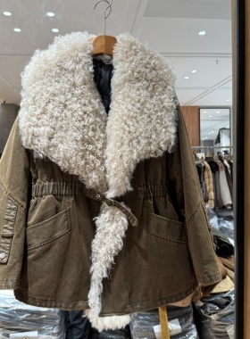 欧洲站2025冬季新款羊毛翻领收腰设计感中长款鹅绒服外套女18183