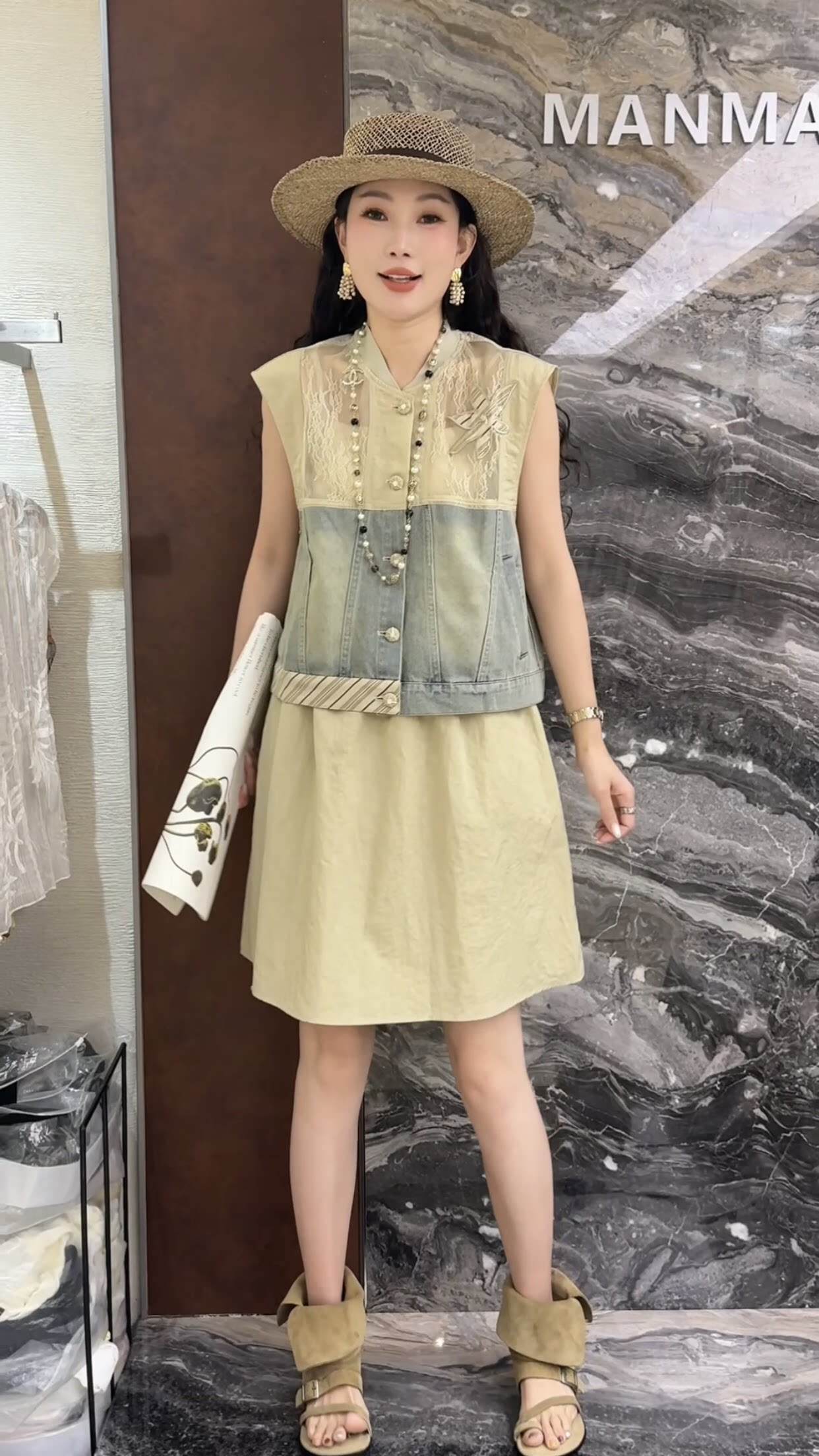 正版欧货2026夏季韩系拼接牛仔设计感复古马甲+女士半身裙两件套