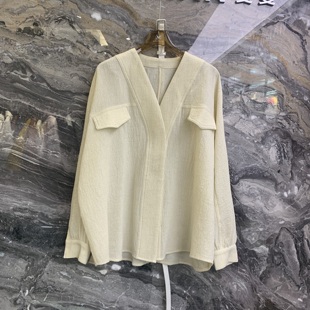 羊毛女士衬衫 V领腰带收腰慵懒风百搭长袖 25220 新款 欧洲站2025冬季