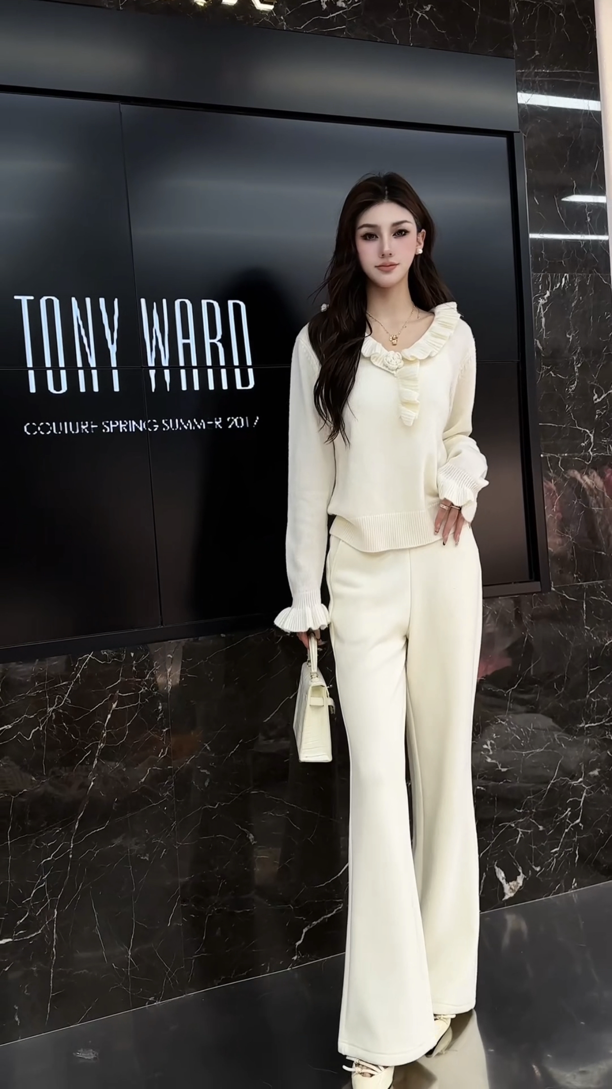 欧洲站2025冬季新款v领荷叶边拼接时尚百搭甜美减龄针织衫上衣女