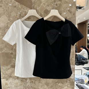 女士短袖 欧洲站2026春季 饰减龄洋气款 圆领蝴蝶结装 T恤6E77 新款