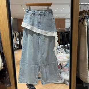 假两件牛仔裤 80021 高腰不规则蕾丝屁帘显瘦时尚 欧洲站2026春新款