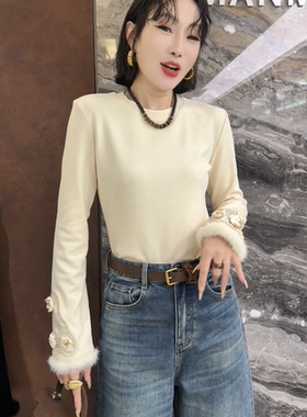 欧洲站2025秋冬新款圆领毛毛拼接袖口纯色百搭减龄长袖上衣25340