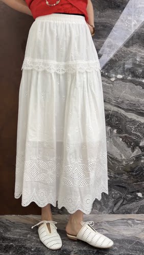 欧洲站2026夏季新款欧货松紧腰纯御风下摆波浪边暗纹花朵半身裙女