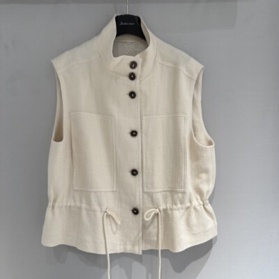 欧洲站2026春季新款半高领单排扣收腰抽绳百搭韩版无袖马夹86367