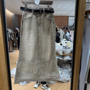 欧洲站2026春季新款高腰重工烫钻百搭显瘦款女士牛仔鱼尾半身裙潮