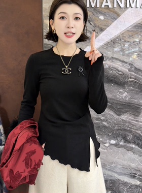 欧洲站2025秋冬新款圆领不规则下摆百搭显瘦长袖T恤打底衫女18786