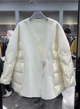 欧洲站2025冬季新款v领双面羊绒拼接气质百搭白鹅绒服外套潮86236