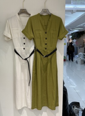 欧洲站2026夏季新款洋气剪刀领收腰显瘦时尚气质短袖连衣裙女8128