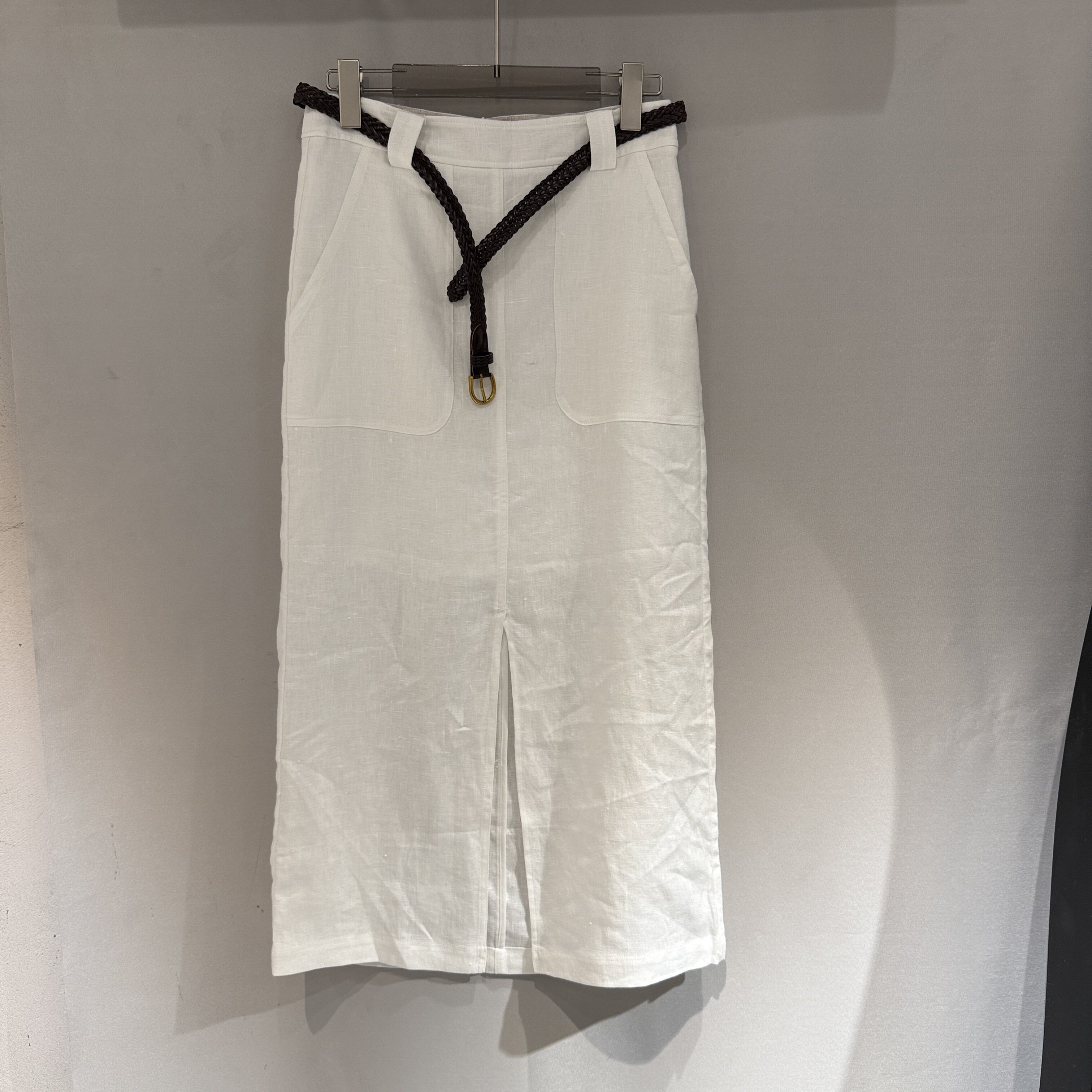 欧洲站2026春季新款时尚配腰带高级感开叉中长款亚麻直筒半身裙女