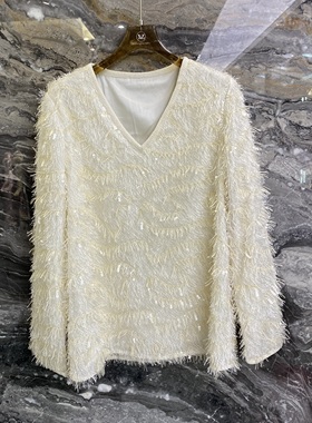 欧洲站2025秋冬新款V领重工亮片刺绣百搭突减龄长袖打底衫51602