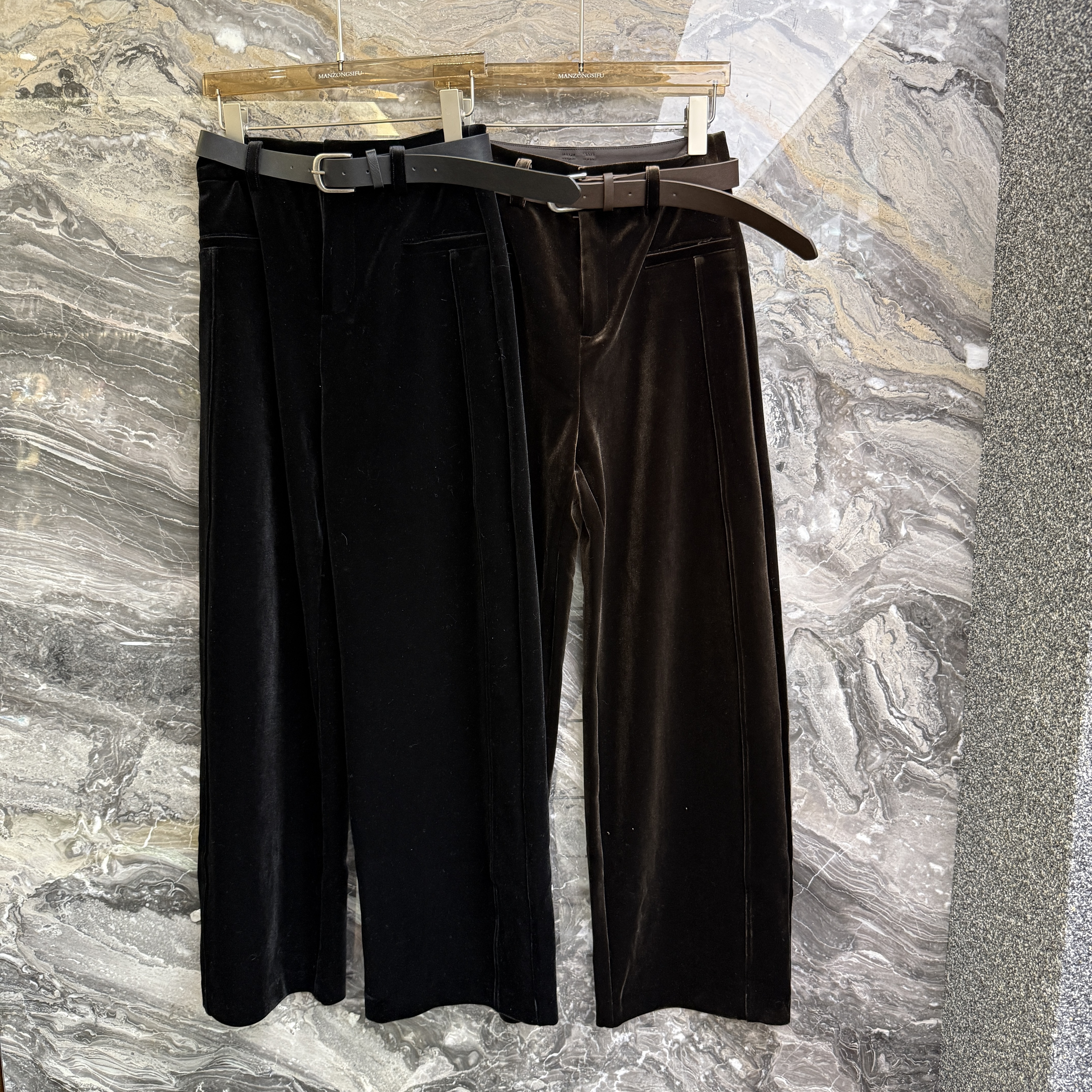 欧洲站2025秋冬新款高腰皮带款百搭显瘦垂感直筒丝绒阔腿裤55266P