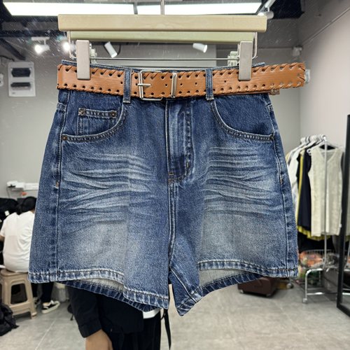 欧洲站2026夏季新款复古休闲风显瘦百搭款女士腰带款牛仔短裤欧货