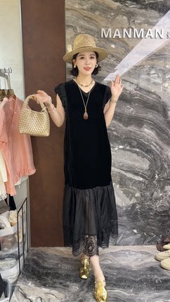 欧洲站2026夏季新款欧货v领飞飞袖下摆蕾丝拼接长款女士连衣裙潮
