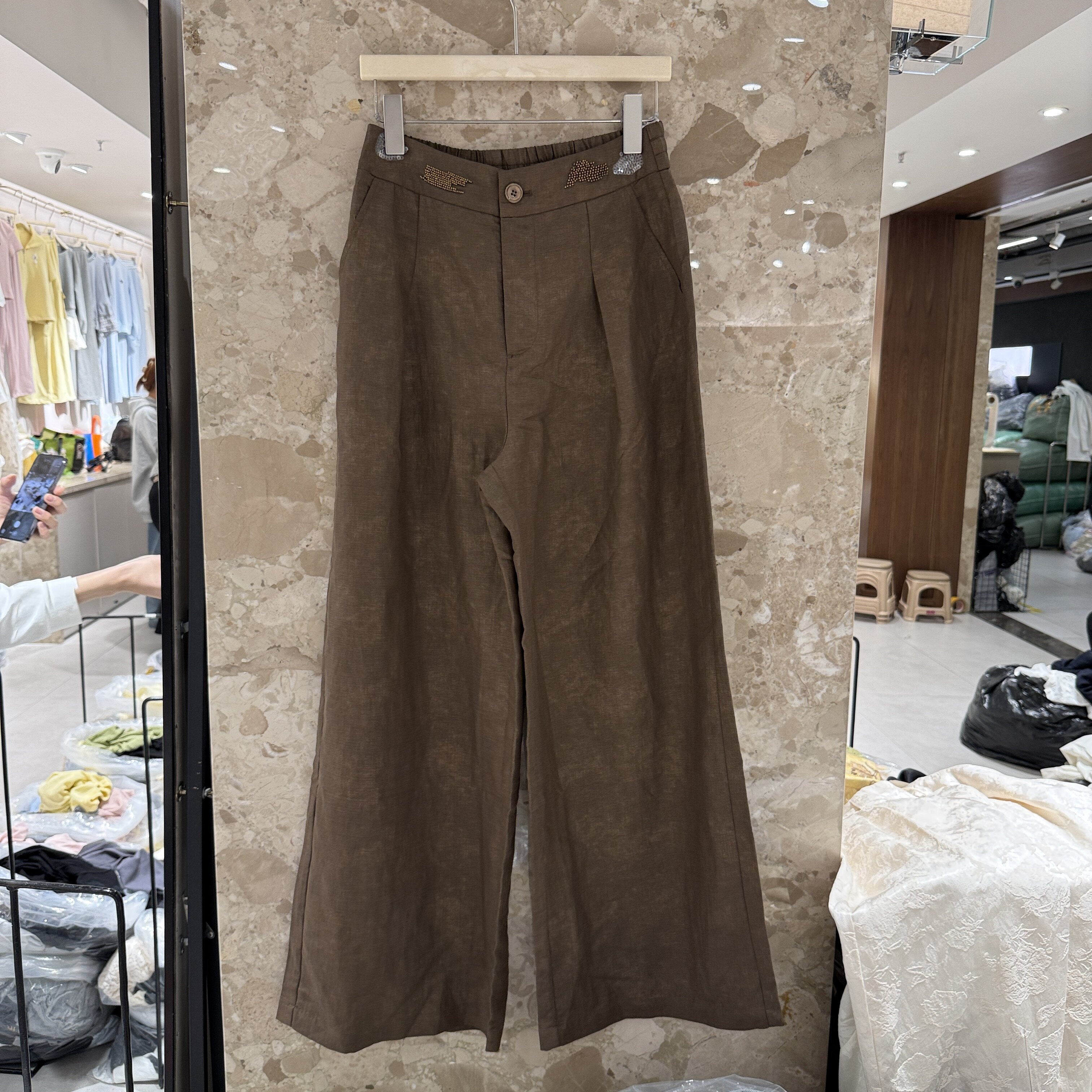 欧洲站2026春夏新款重工钉珠腰封复古直筒宽松休闲阔腿裤女6E213